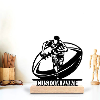 Personalized Custom Rugby Metal Statue with 0Wooden Base