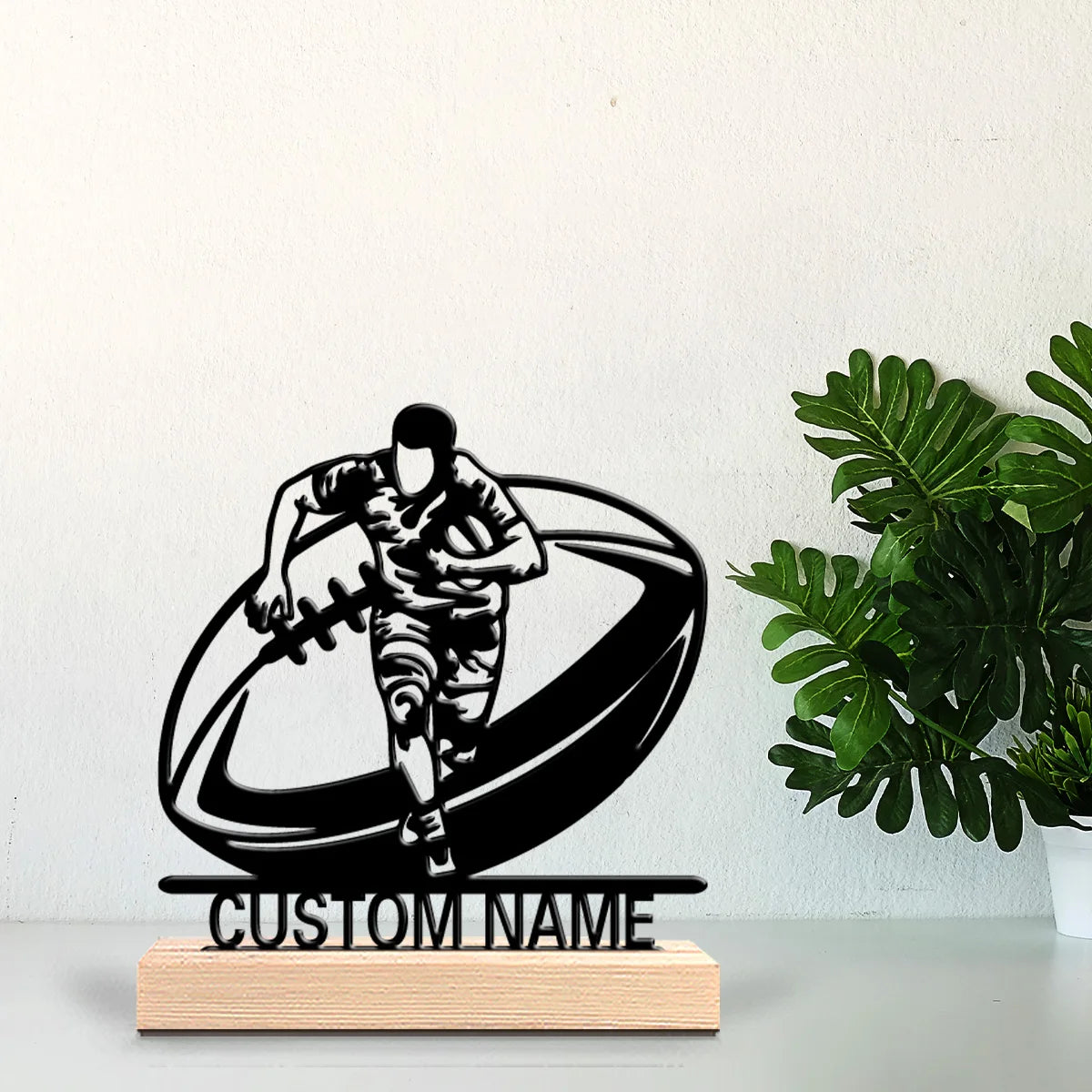Personalized Custom Rugby Metal Statue with 0Wooden Base