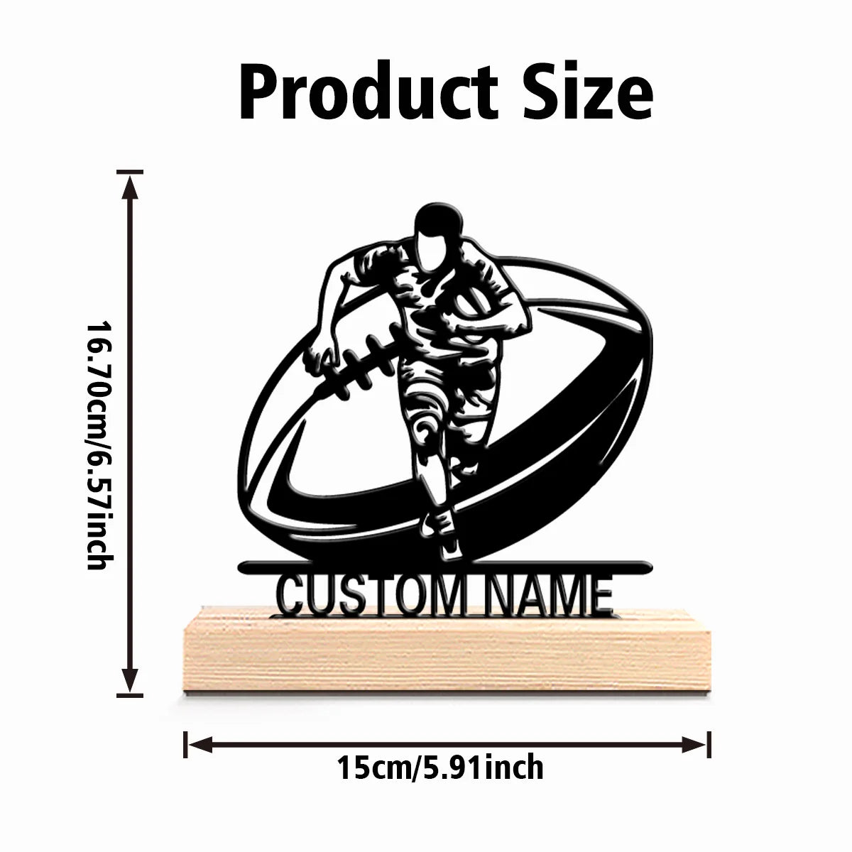 Personalized Custom Rugby Metal Statue with 0Wooden Base